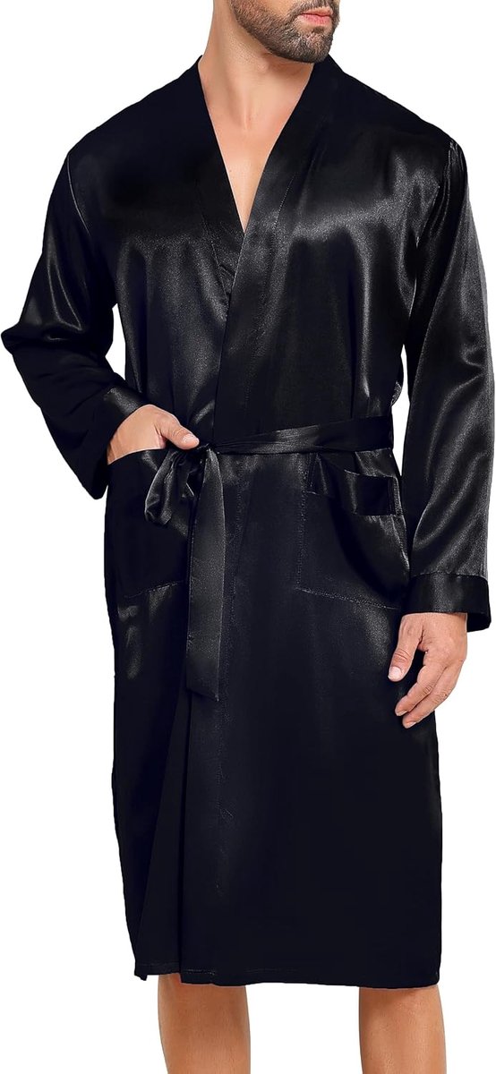 Badjas voor heren, satijn, lichte kimono, badjas van zijde, lange mouwen, nachthemd voor heren, badjas en nachtkleding met riem en zak