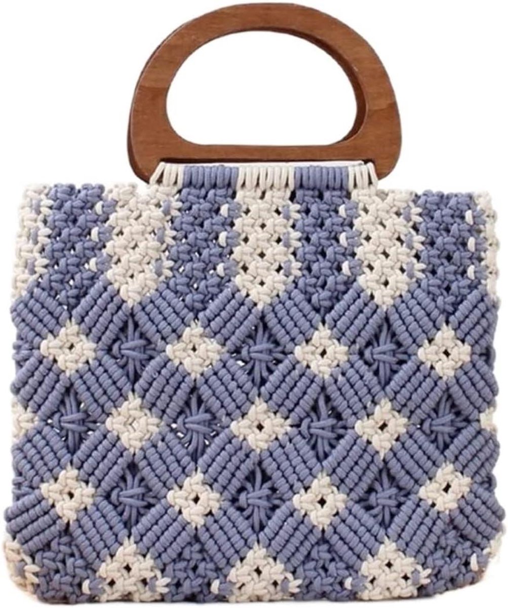 Rieten Draagtas - Katoenen Handtas - Zomerse Uitstapjes - Met Houten Handvat - 30x26cm - Paars