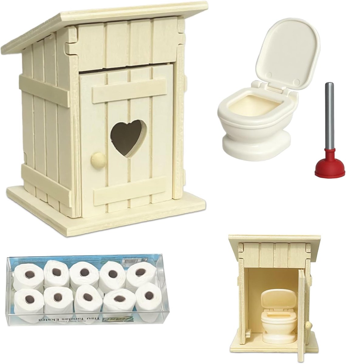 13 stuks miniatuur toilethuisjes, kabouters van hout, miniatuur toilethuis, miniatuur kabouteraccessoires, met 10 rollen toiletpapier, voor poppenhuis accessoires