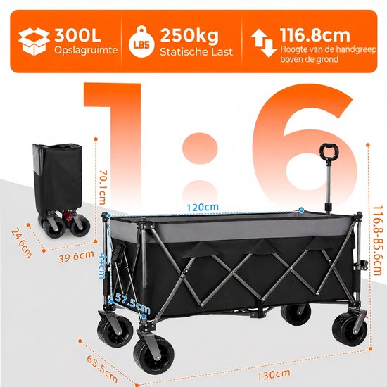 Opvouwbare Bolderkar - Transportkar - Strandkar - Tuinkar - 300L - 250KG - Brede Banden - Met Rem - Strand en Camping - 120x57,5x44cm - Zwart van Opvouwbare Bolderkar — afbeelding 2