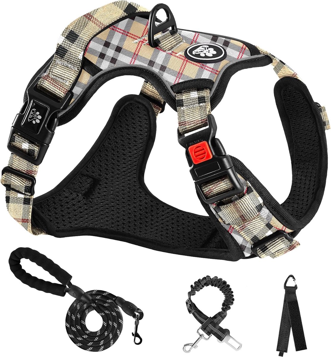 SnelShoppen - Hondentuig voor kleine honden, geruit, beige | Gewatteerd anti-trekharnas met reflecterende strepen, maat halsomtrek 28-38 cm, borstomva