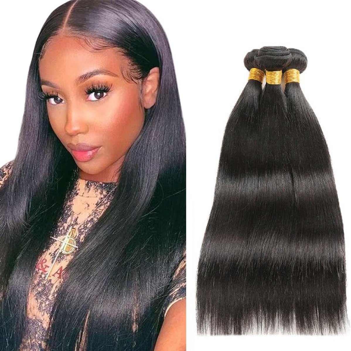 Human Hair Extension Straight Bundles Menselijk haar Unprocessed Brazilian Virgin Hair #1b Natural Black Minimal detachment For Women 3 Bundles Total 300g 12 14 16 Inch