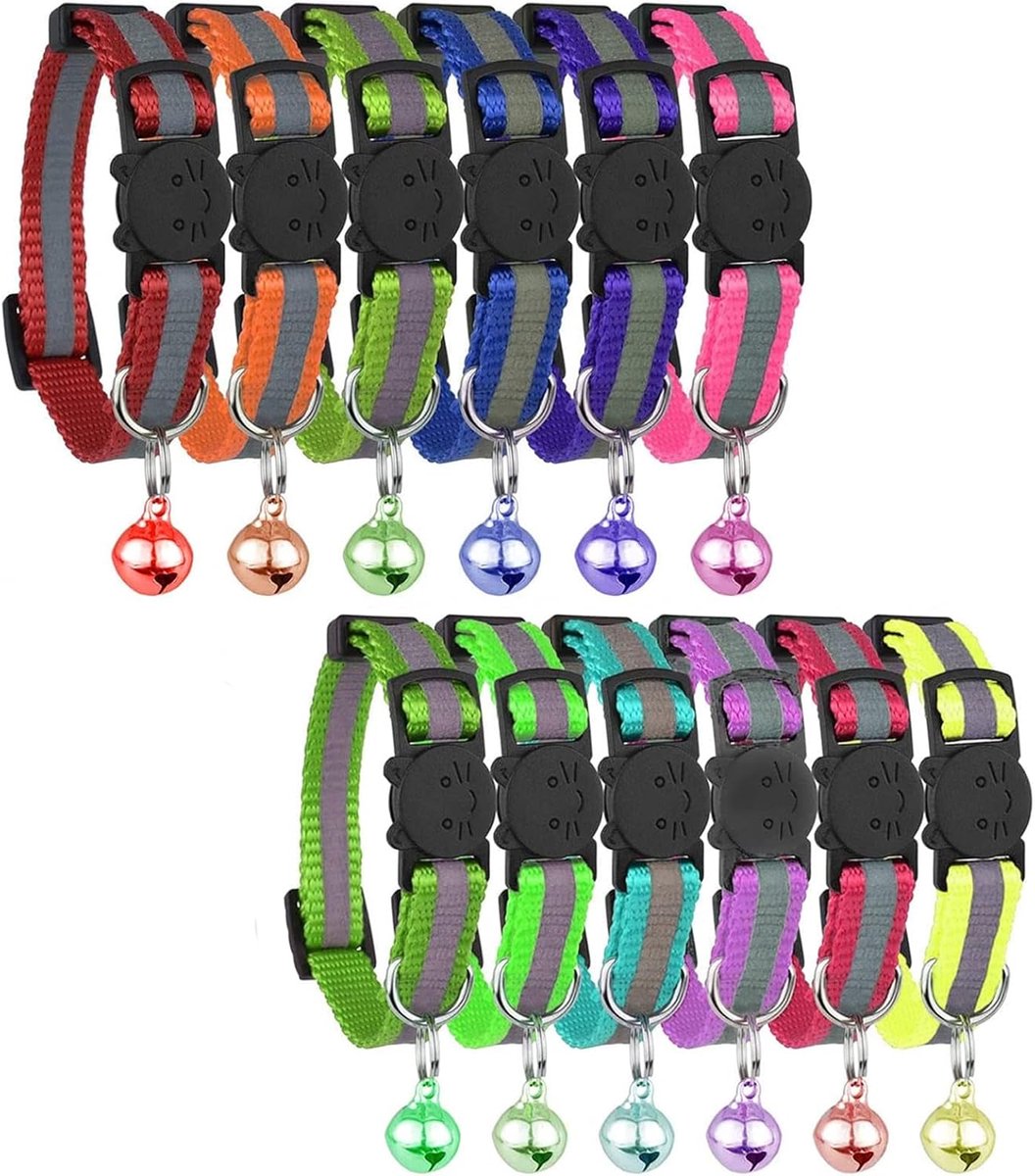 SnelShoppen - 12 stuks kattenhalsband met belletjes, snelsluiting, reflecterend, veiligheidsgesp, verstelbaar 20-34 cm, voor huiskatten en puppy's, le