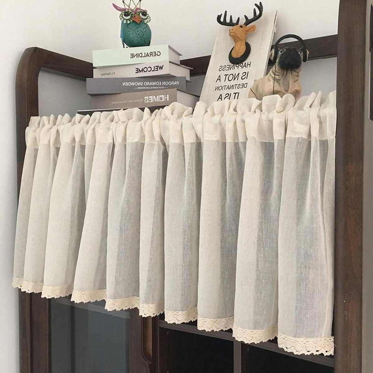 Korte Gordijnen - Cafe Gordijntjes - Keuken Decoratie - Semi-Transparant Voile - W150xH45cm - Beige