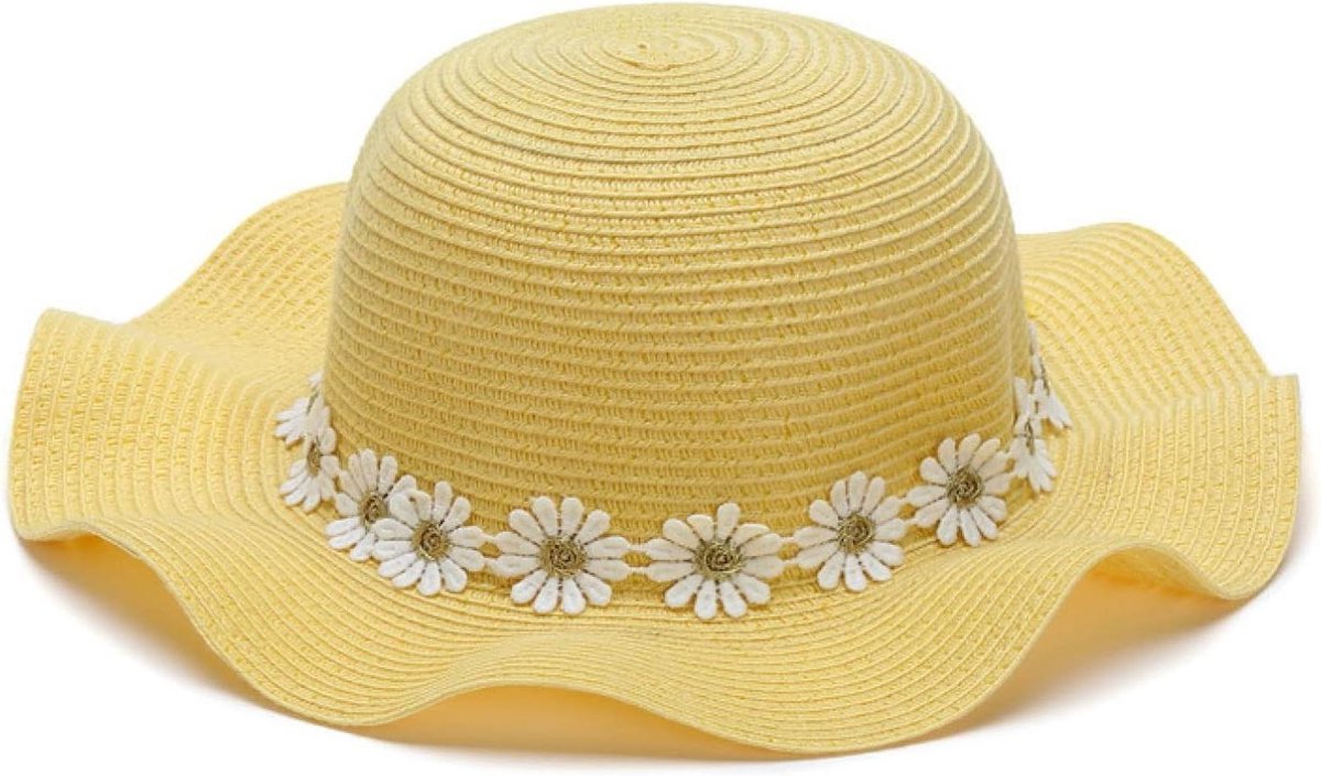 Zonnehoed Kinderen - Strohoed Baby - Zomerse Bescherming - Bloemenpatroon - 49-51 cm - Geel