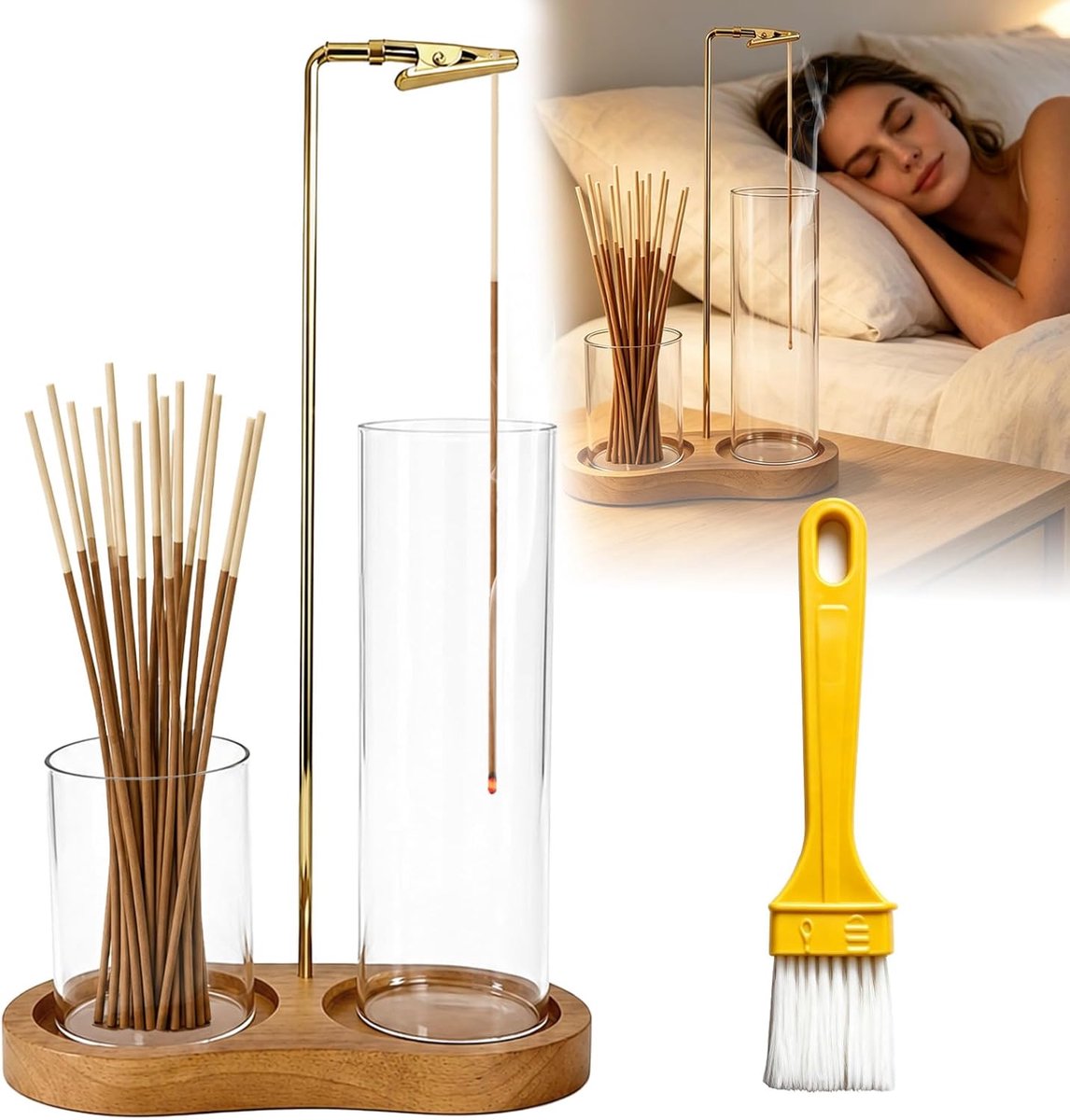 Wierookhouder 3-in-1 set - glazen asvanger - vintage houtlook - ontspanning voor thuis - ShopVlot