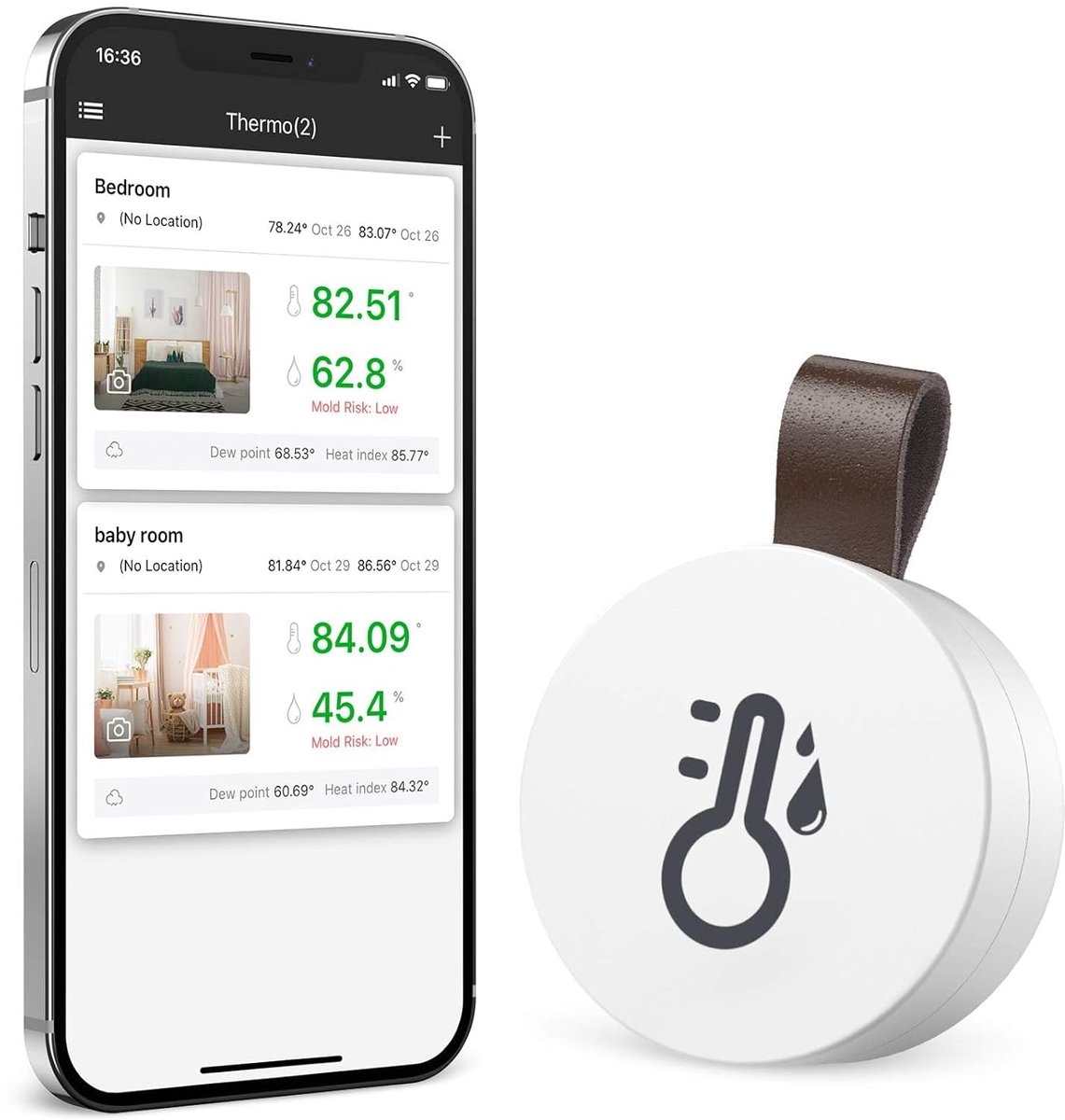 SnelShoppen - Bluetooth Thermometer Hygrometer Mini Indoor Sensor - Digitale Temperatuur en Vochtigheidsmeter met Data Export - Voor Woonkamer, Kinder