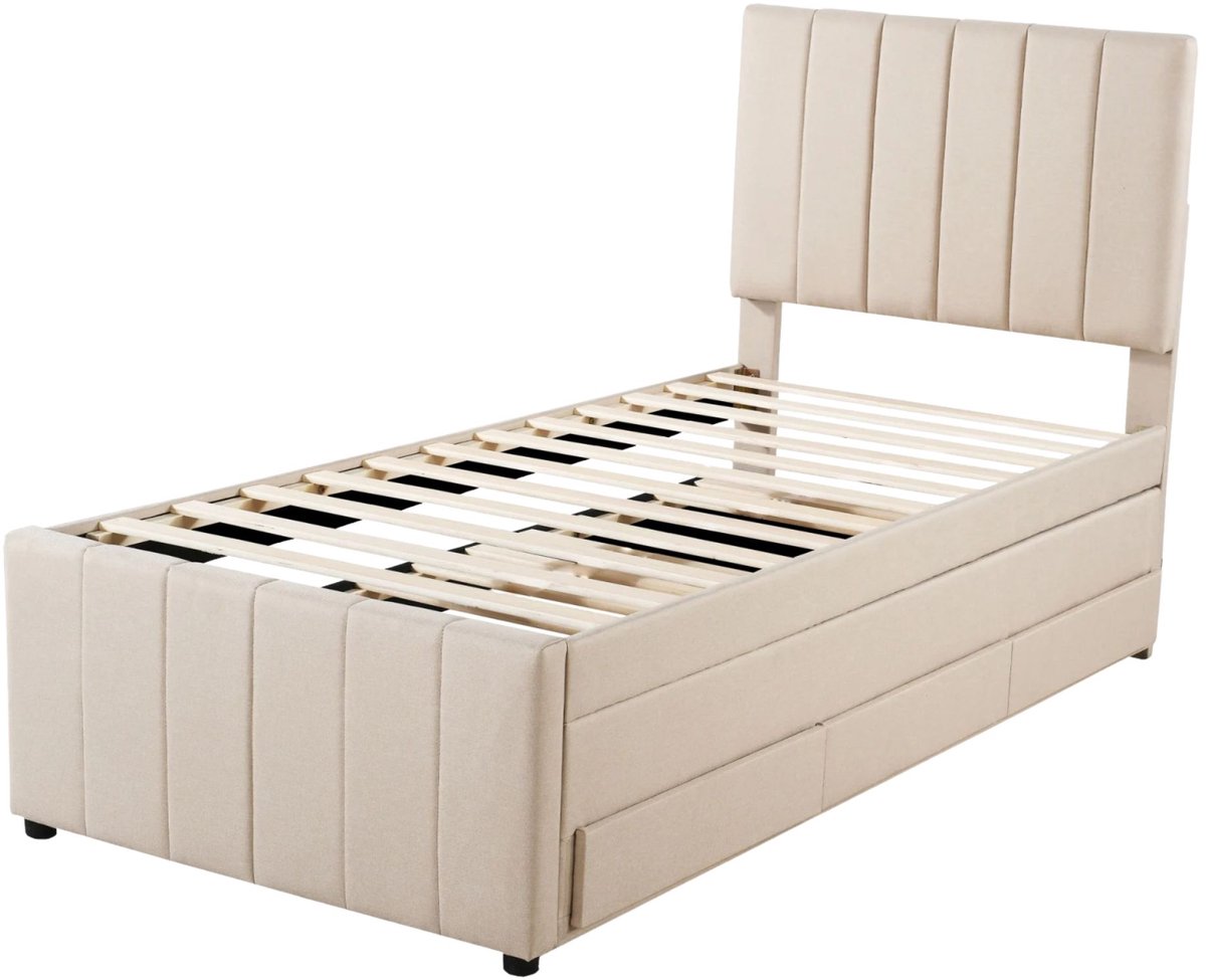 Happiq Gestoffeerd Eenpersoonsbed 200x90 cm – Bedframe met Lades Gebroken wit