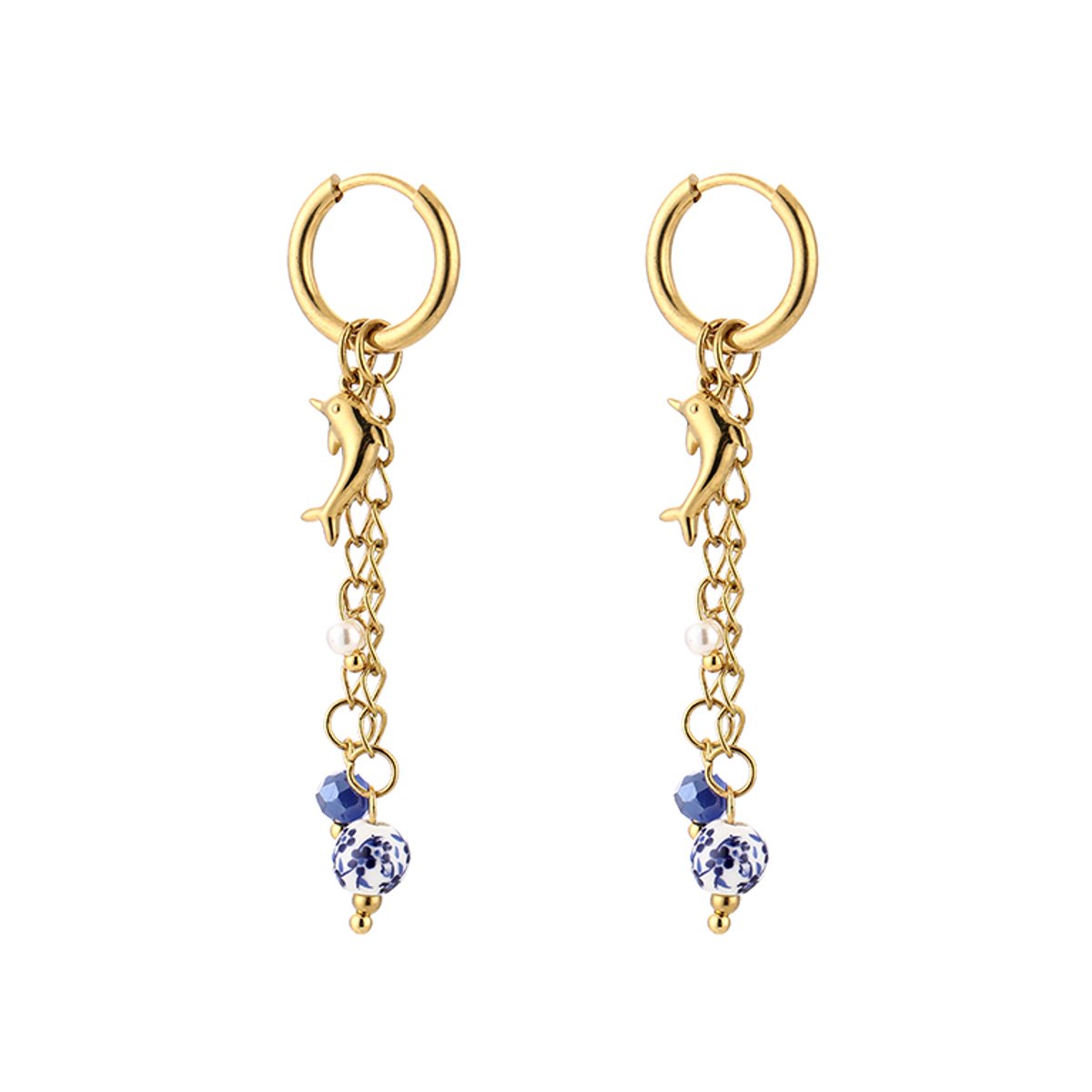 Stainless Steel Beach Dolphin Charm Multi-Chain Huggie Hoops 5.5CM – Luxe Strand Oorringen met Dolfijn en Kraaltjes – RVS - Blauw