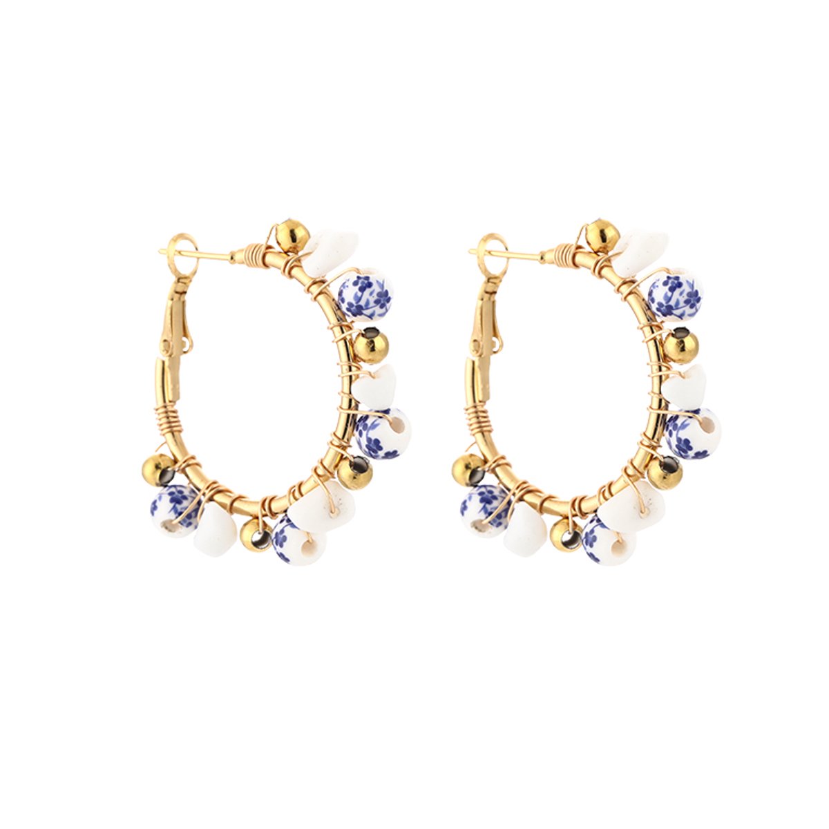 Stainless Steel Beach Pearl & Painted Bead Wire-Wrapped Hoops 3.5CM – Luxe Gewikkelde Strand Oorringen met Kraaltjes – RVS - Blauw