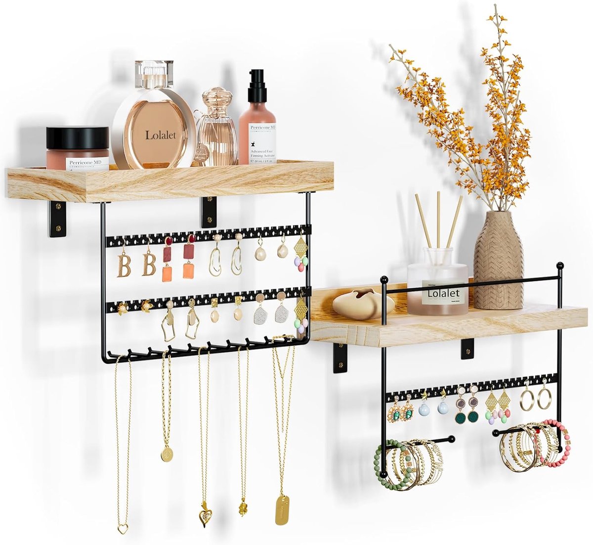 SnelShoppen - 2 stuks hangende sieradenorganizer zwart, wandsieradenhouder met 156 gaten en 20 haken voor oorbellen, armbanden en kettingen, ideaal vo