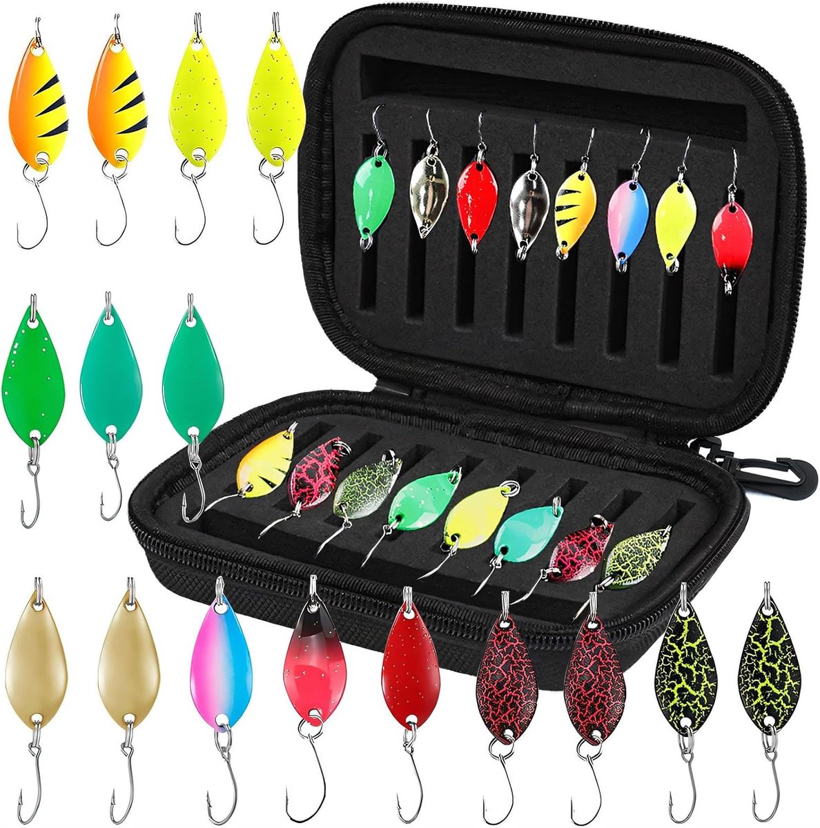 Lepelset, 16 stuks forel aas, kunstaas, spinner, knipperlichtset, forelaas, spoons, 2,5 g/3,5 g/5 g, hengelaccessoireset met opbergdoos, voor baars, snoek, snoekbaars, forel vissen
