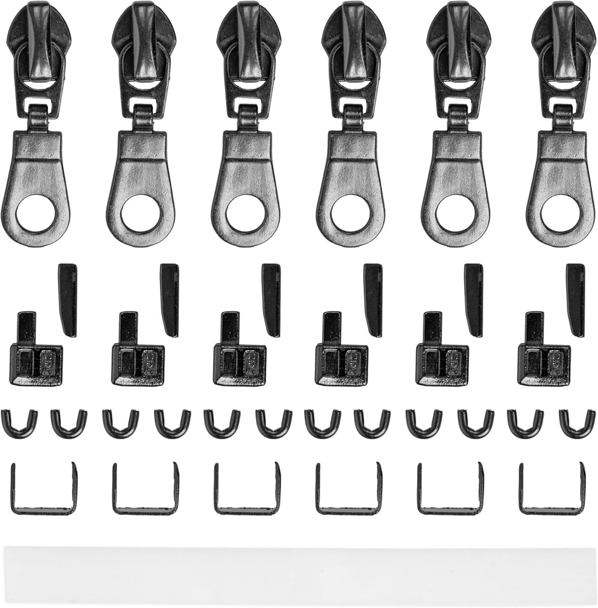 Ritssluitingsset, met schuivers, voor NYLON #3 ritssluitingmaat, met 6 x schuivers, eindstukken onderaan, eindstukken bovenaan, instructies, vervangingsaccessoires voor nylon tandritssluitingen