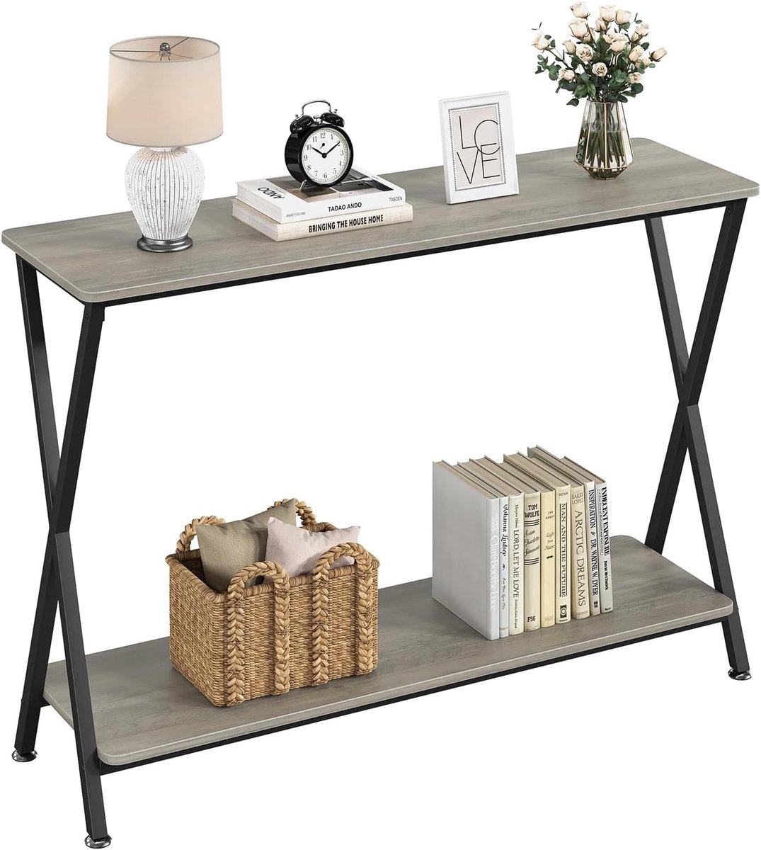 Industriële smalle consoletafel voor entree en achter de bank – slanke banktafel met 2 opbergplanken, metalen frame accenttafel voor de gang