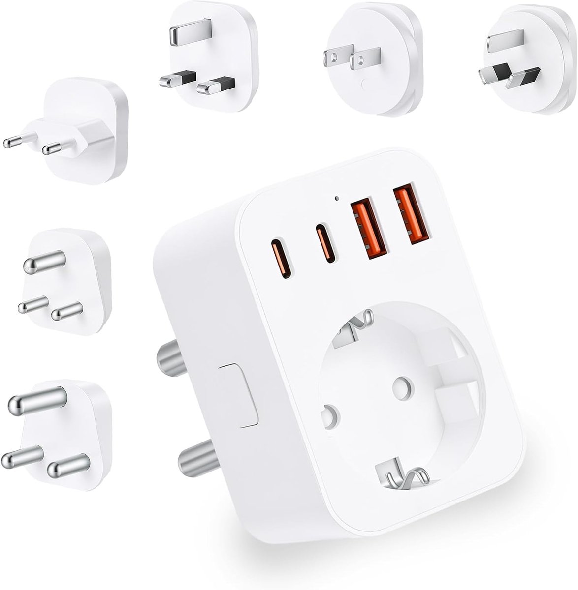 wereldwijd set met 6 afneembare adapters, universele stekkeradapter met 3 USB, 2 type C PD 20 W, internationale reisadapter voor JP, GB, AU, ZA, ZA, EU (wit, 6)