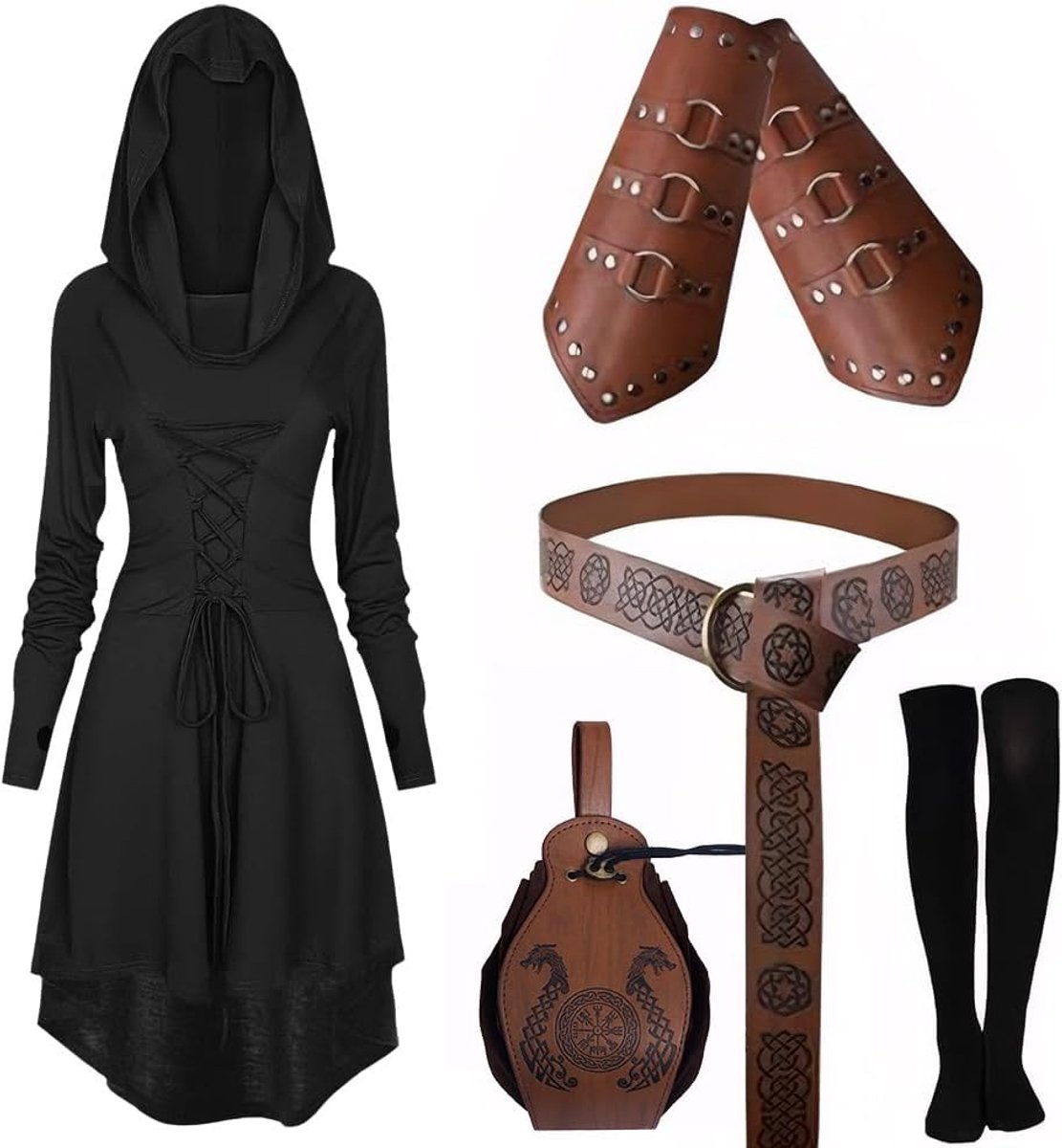 jurk met capuchon voor dames, renaissance-kostuum, set met armbescherming, riem, riemtas, kousen, accessoires