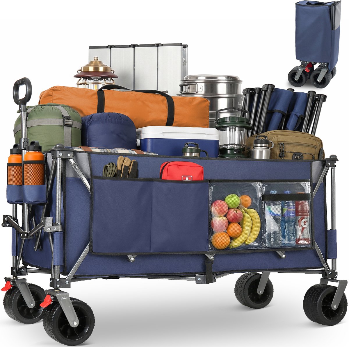 Bolderkar - Opvouwbare Bolderkar - Transportkar - Strandkar - Tuinkar - 300L Volume - 250kg Draagkracht - Brede Wielen - Opklapbaar - Strand En Camping - 120x57,5x44cm - 1 Stuk - Blauw