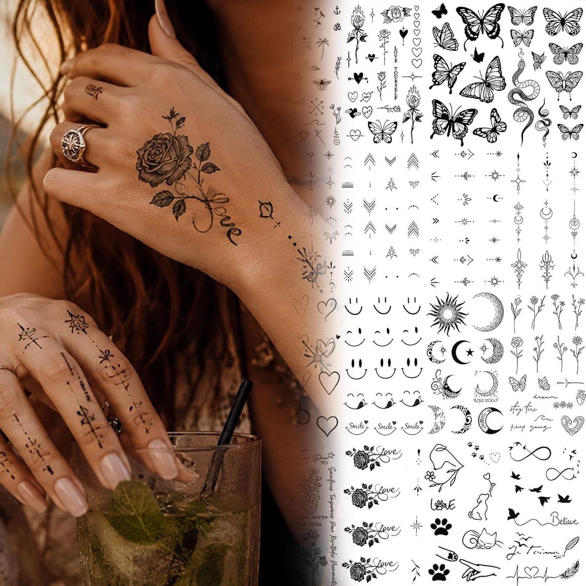 Tijdelijke Tattoos Klein, Zwarte Vlinder Rozen Oneindigheidsteken Sterren Maan Pijl Vinger Hand Waterbestendig Voor Vrouwen Volwassenen