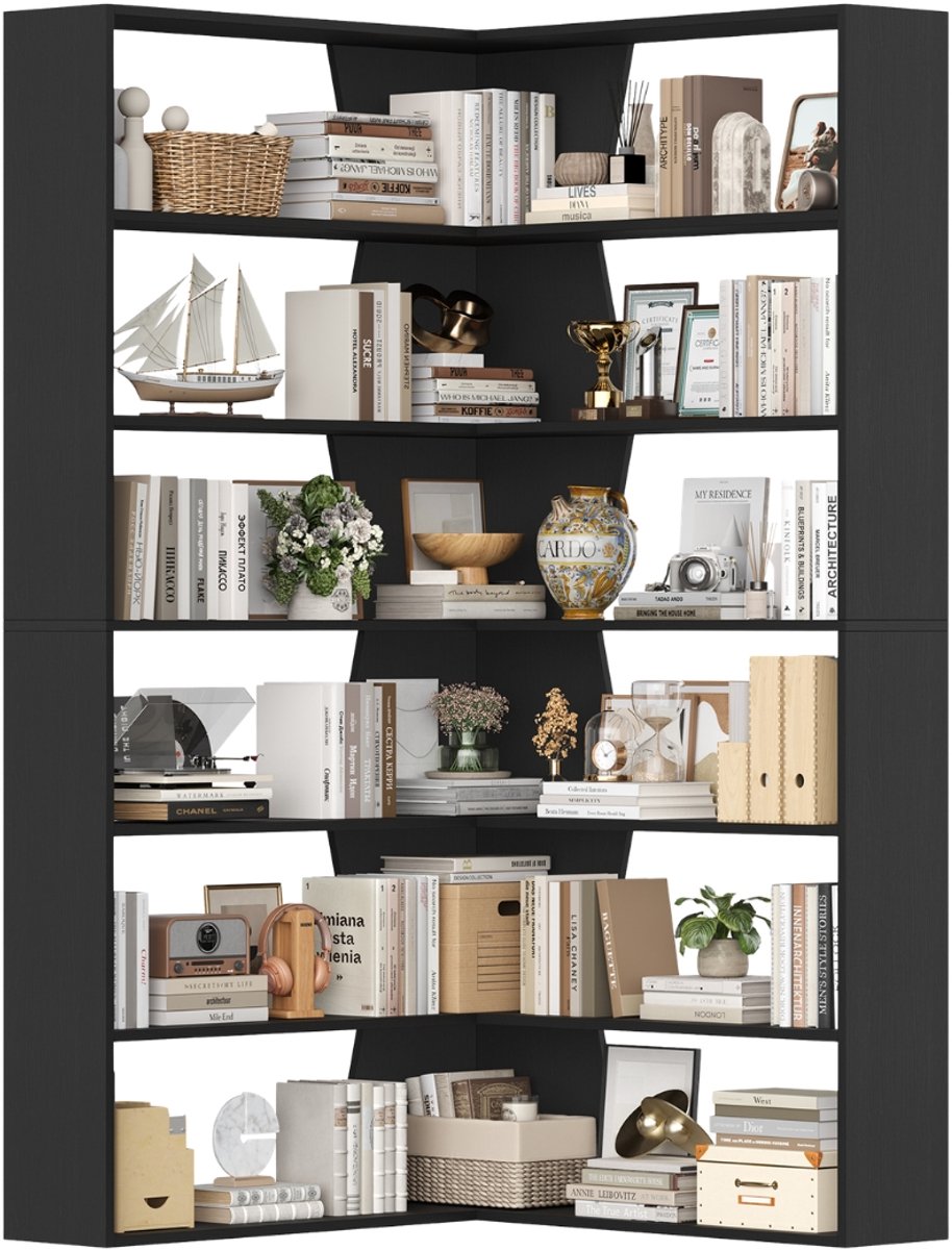 Boekenplank – Voor woonkamer & studeerkamer – Hoekrek met 6 niveaus – Zwart, 90x90x190 cm