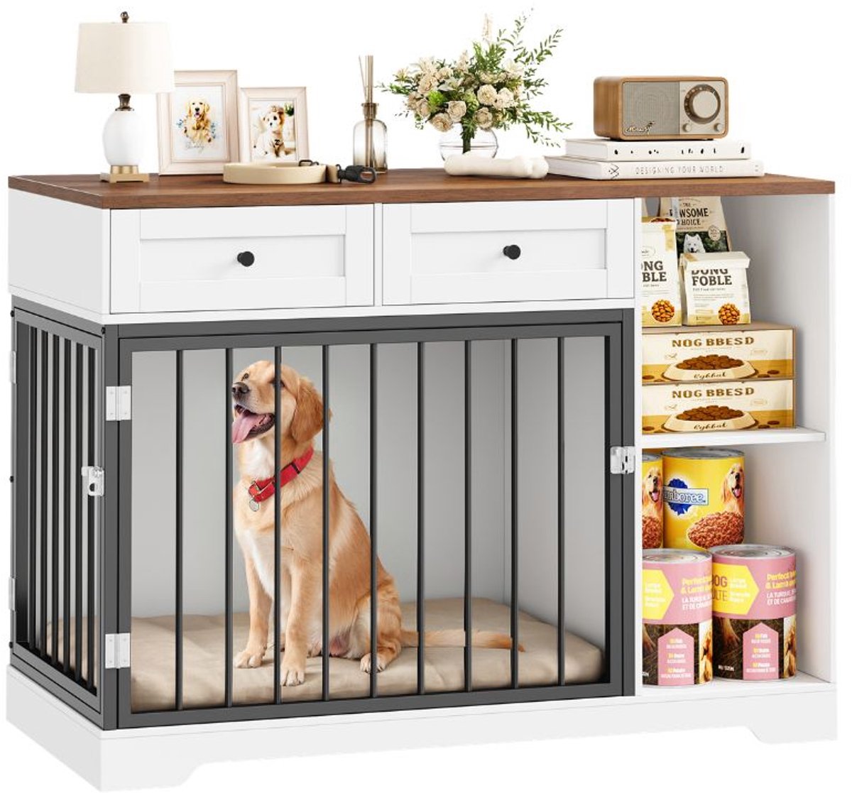 Houten Hondenbench – Voor Indoor Grote Honden – 2-way Deur met 2 Lades & 2 Compartimenten Sideboard – Wit + Bruin 120x87x60 cm