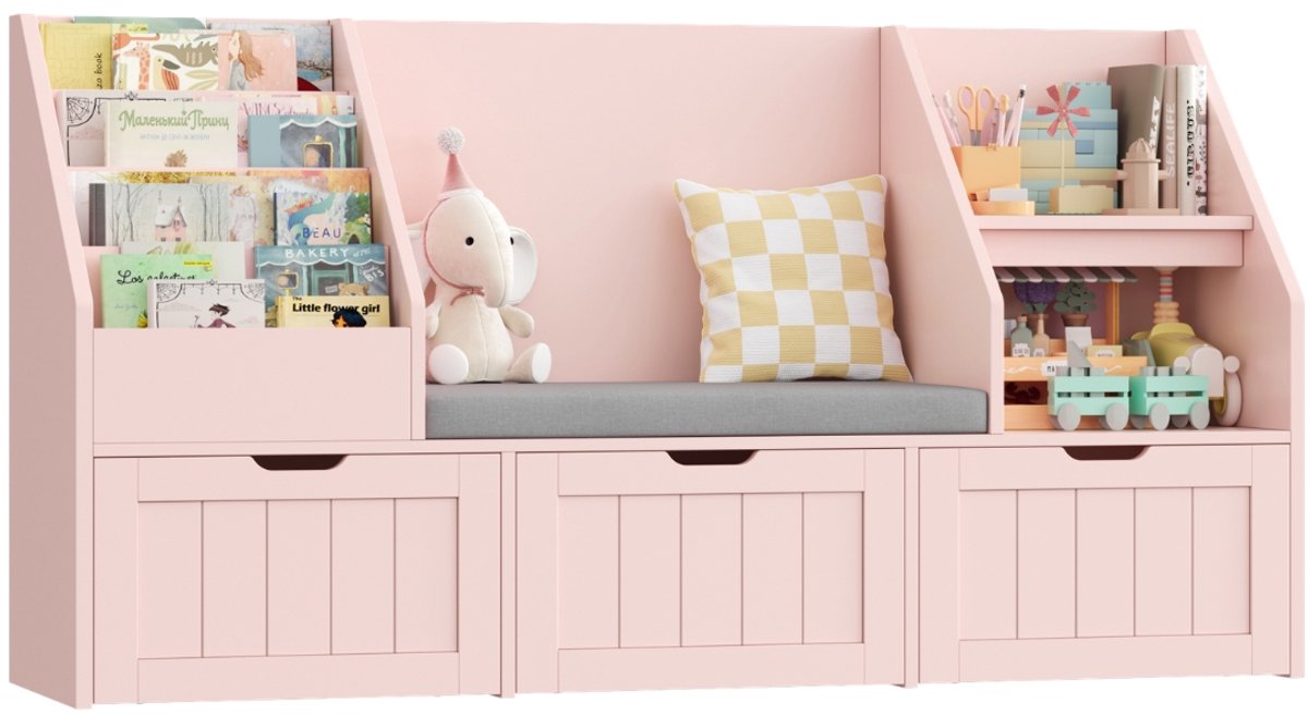 Kinderboekenkast – Voor Kinderkamer – Met 3 Opbergboxen en Zitbank, 4 Niveaus – 140x80x39,5 cm