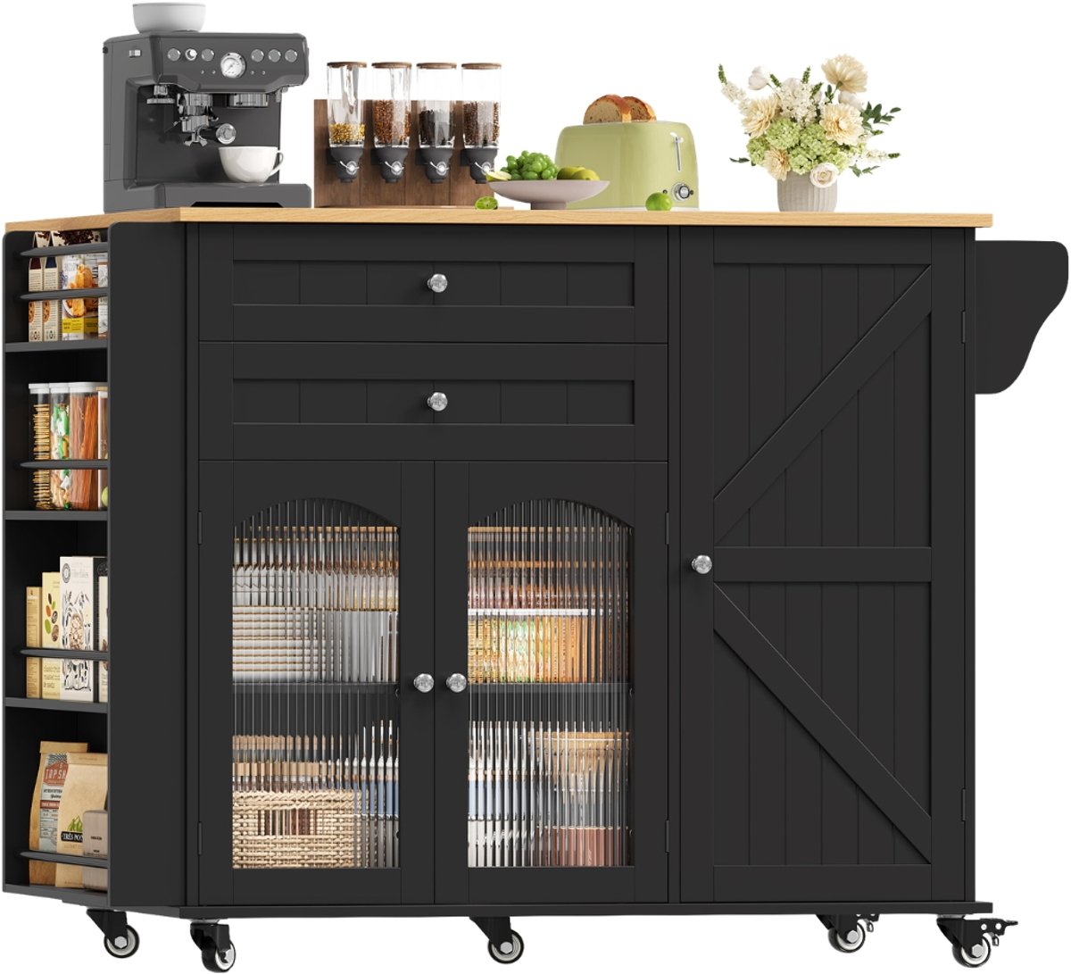 Keukeniland – Voor Keuken en Eetkamer – Op Wielen met Opvouwbaar Werkblad en Handdoekhouder – Zwart / Getone 132x40x97,5cm