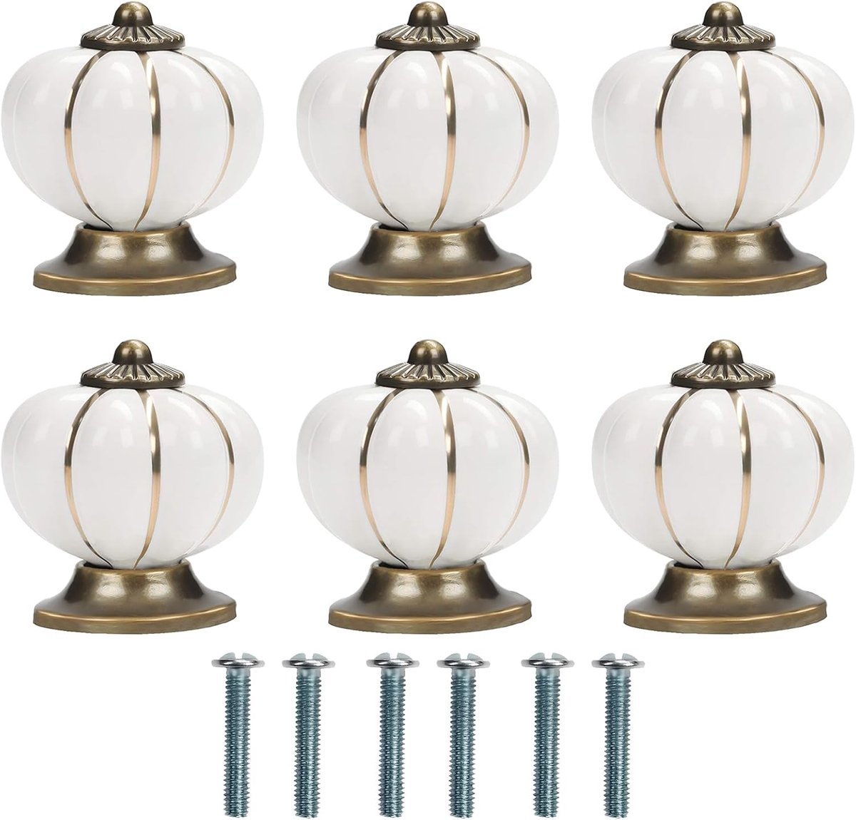 keramische kast knoppen, wit met gouden strepen, bronzen basis, 3,6 cm diameter, 6 stuks, pompoenvorm