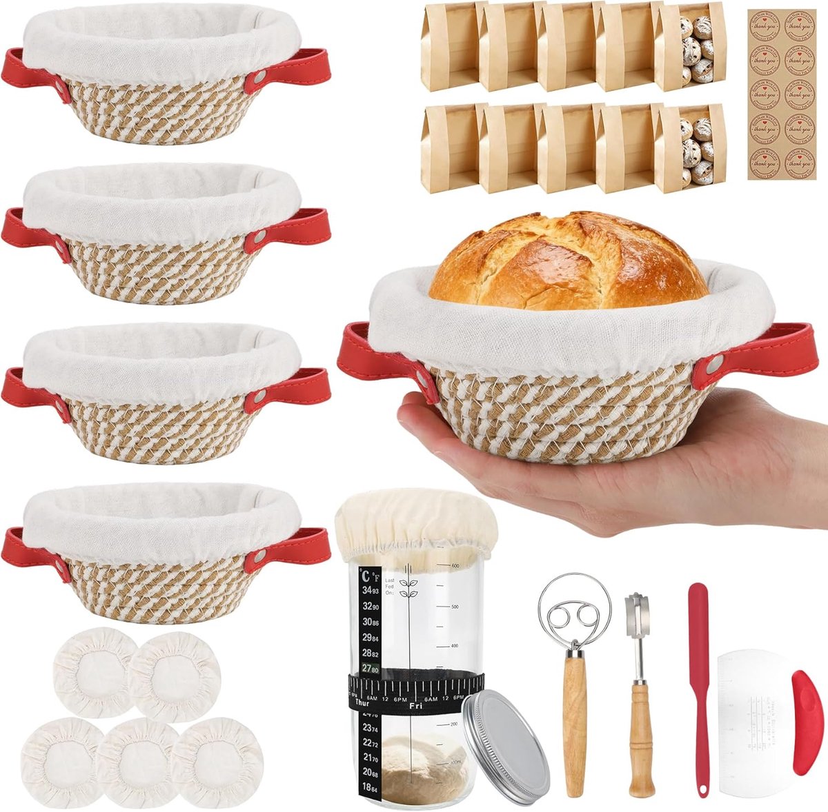 rijsmanden, mini-proefmandset met zuurdesemstarterset, 13,5 cm kleine katoenen touwmanden met voeringen en hoezen, 10 broodzakken, gereedschap maken voor ambachtelijk brood bakken