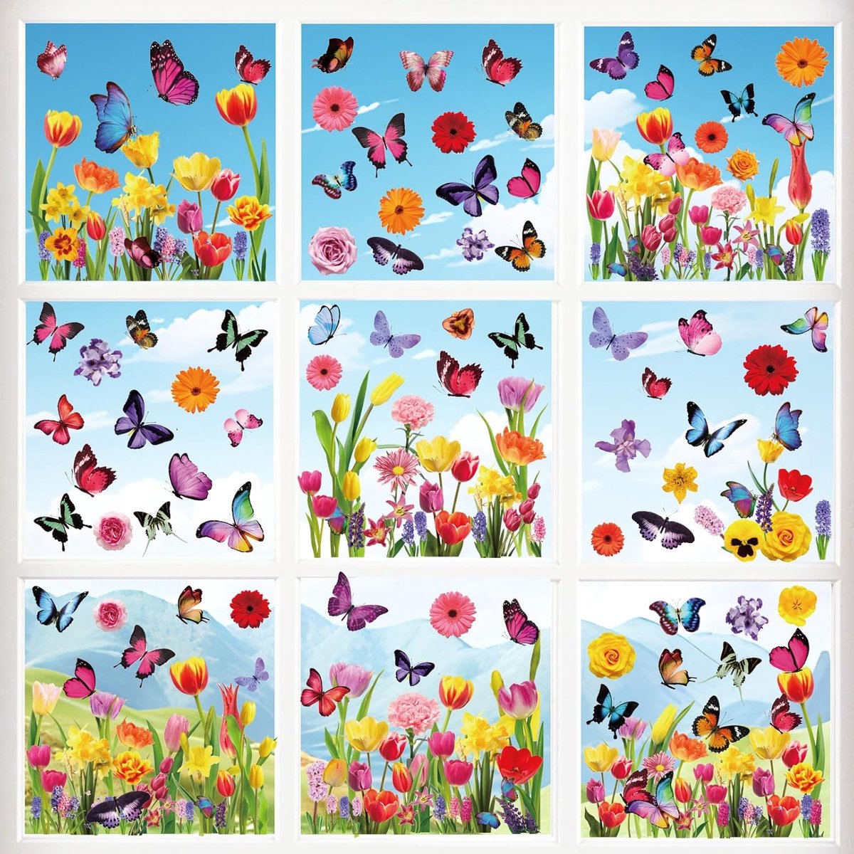 Raamstickers, 9 vellen statische stickers met tulpen, hyacinten, bloemen en vlinders voor decoraties van deuren en glazen ramen