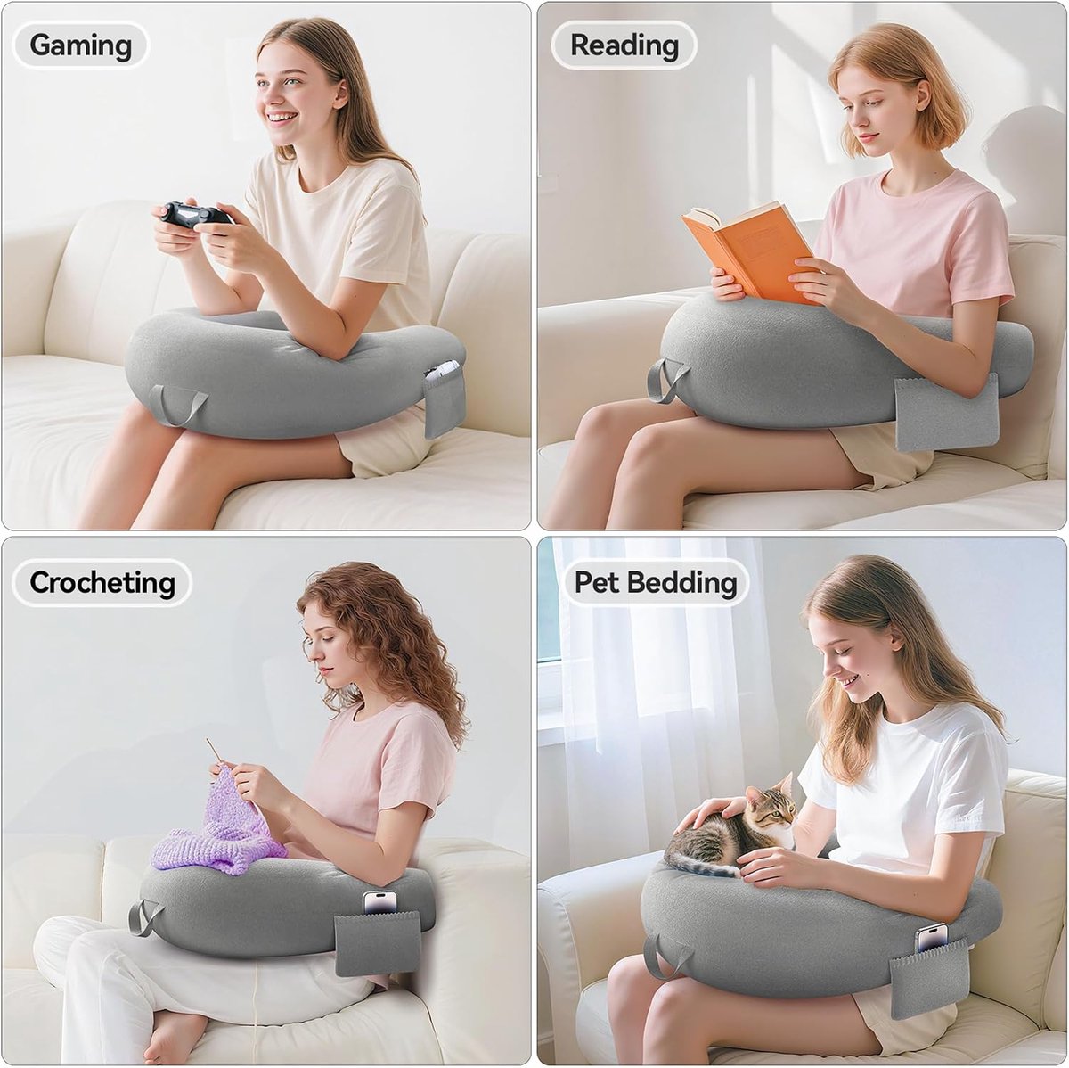 Kussen & Leeskussen, Leeskussen voor het zitten op het bed/bank/vloer, Voedings-/haakkussen met groot & Ergonomisch Gaming Kussen, Gamer Kussen voor iPad/Laptop - Grijs