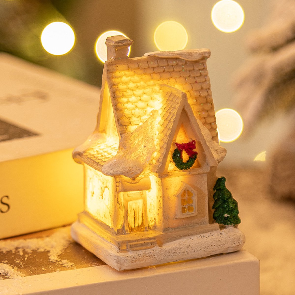 kersthuisjes – kersthuisjes met verlichting - Witte Hars Kerstdecoratie met LED Verlichting – Decoratief Kersthuisje met Warm Licht