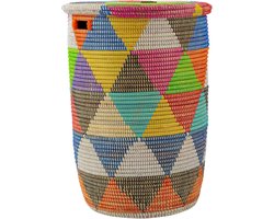 XXL Wasmand met deksel 85L - Geweven wasmand, Afrikaanse mand, Wasverzamelaar met deksel, Grote opbergmand voor speelgoed & dekens, Mand met handvat, Model Khaliss (kleurrijke-driehoeken-plat)