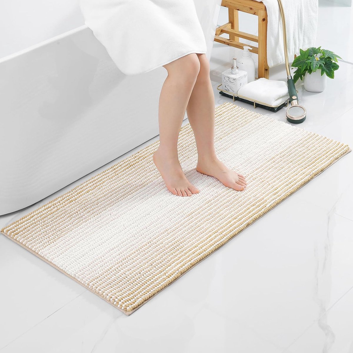 Chenille Badmat Zacht Absorberend Badematte Antislip Badmat Microvezel Badvoorlegger Wasbaar Douchemat voor Badkamer - 60 x 120 cm, Beige