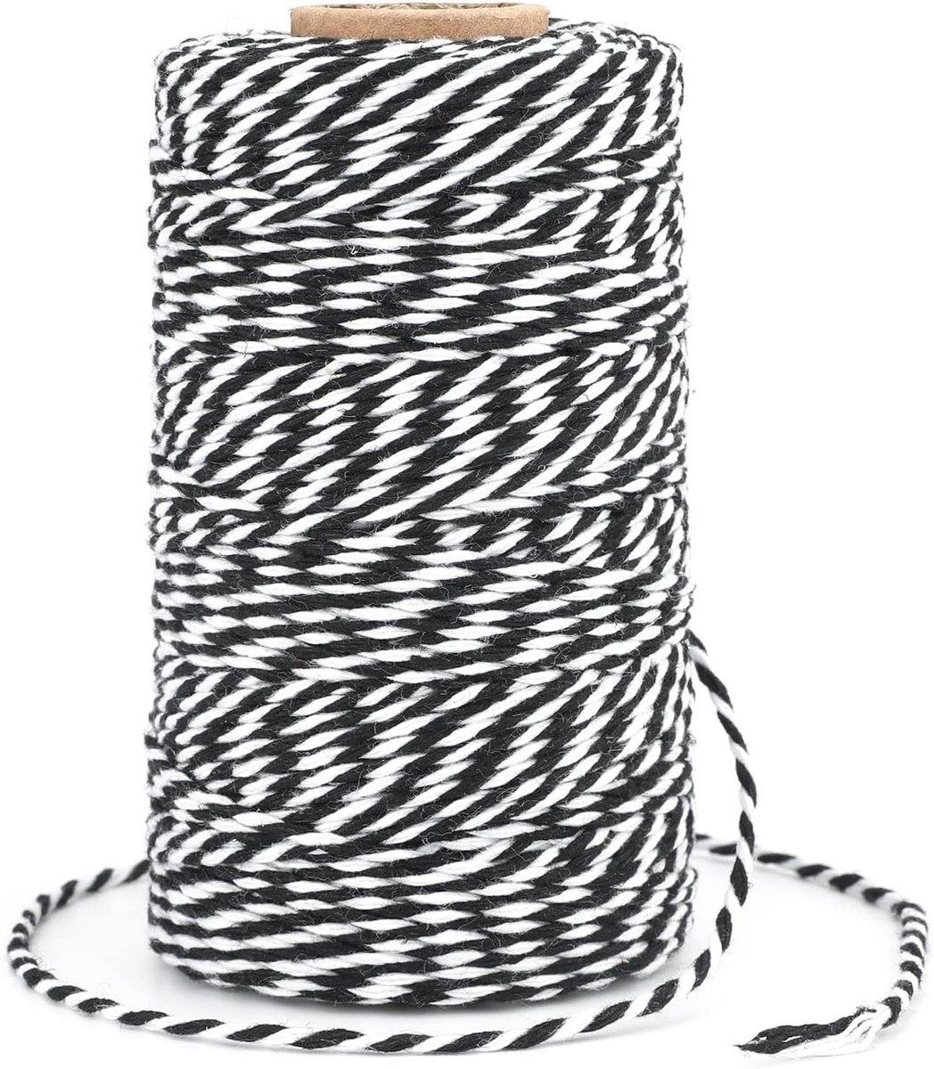 Zwart en wit bakkers touw: 2 mm katoenen koord voor geschenkverpakking, doe-het-zelf ambachten, feestlabels, vakantieverpakking en decoraties, 100 m