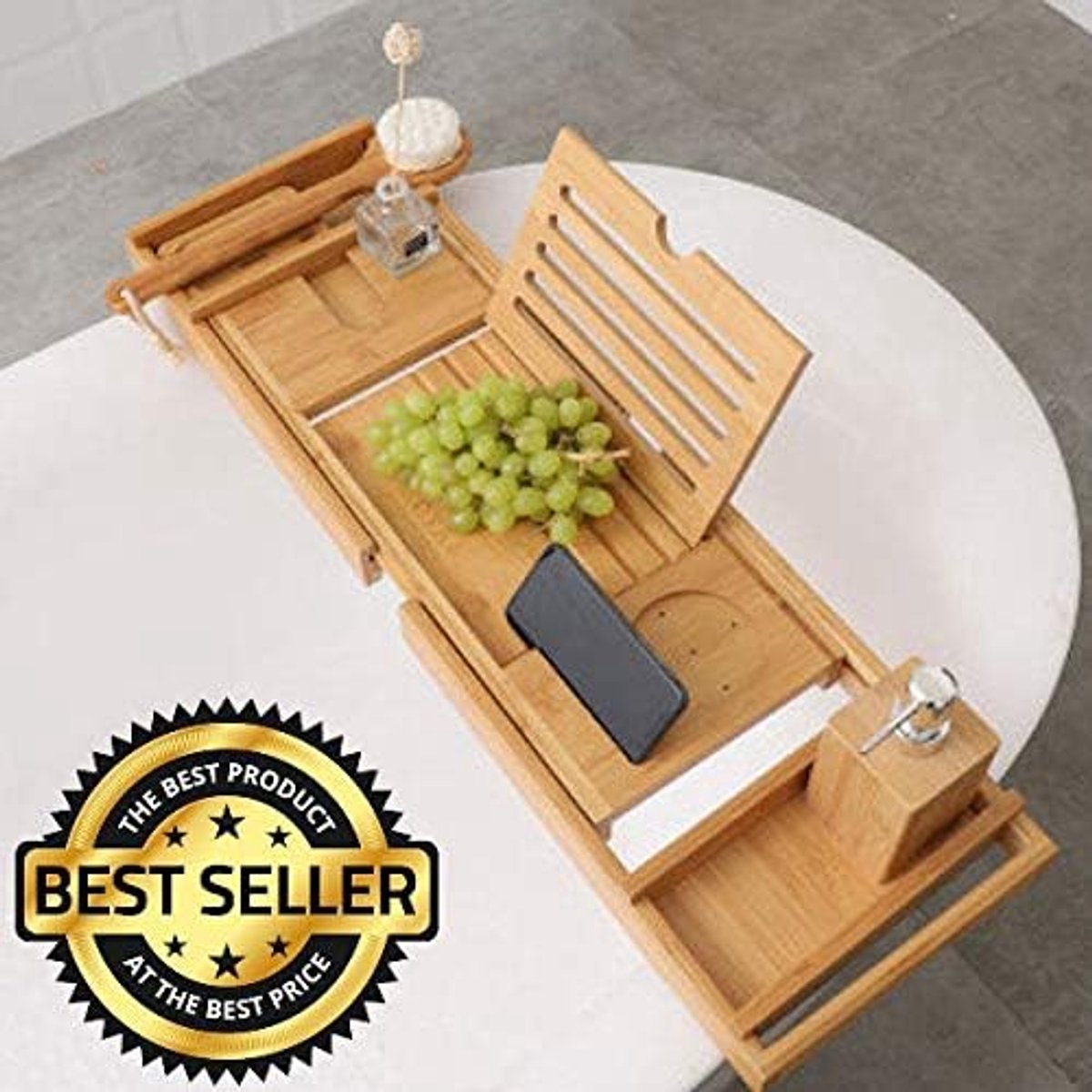Luxe Badplank - Badrekje - Uitschuifbaar 75 tot 110 cm - Boekenhouder - Tablethouder - Bamboe Hout badplankje - Badrek