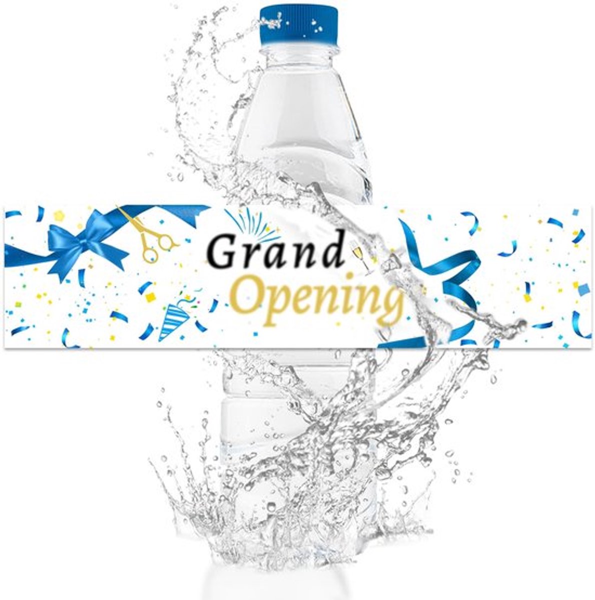 50 stuks grote waterfleslabels, waterdichte drankverpakkingen, blauwe linten, waterflesstickers voor openingsceremonies en decoraties