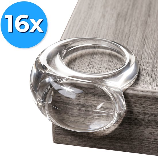 Transparante, ringvormige hoekbeschermer op grijze houten plank.