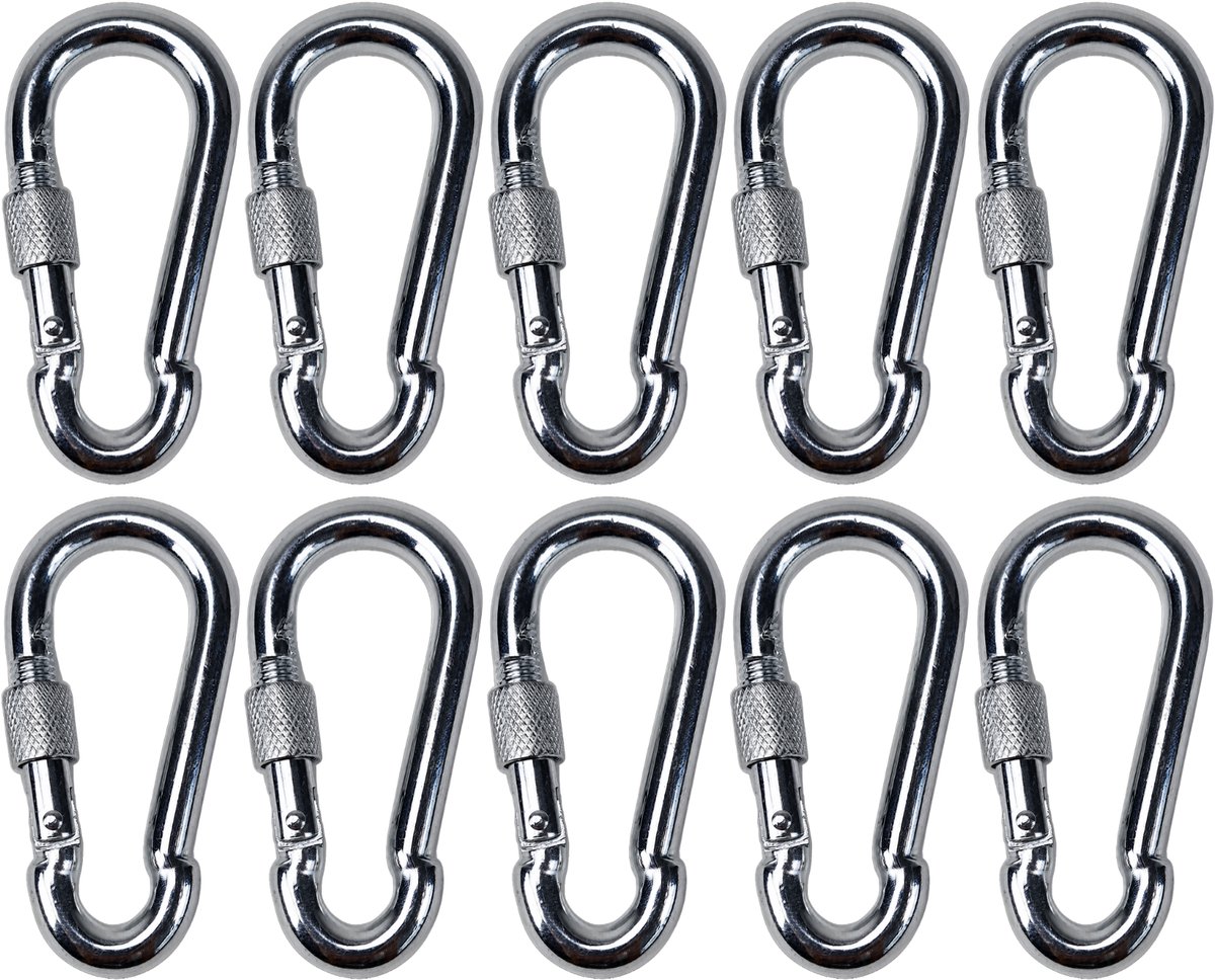 BCF-Products - Karabijnhaak - 10x100mm - 10 stuks - Verzinkt staal - met Schroefsluiting - Musketonhaak - Carabiner - Groot