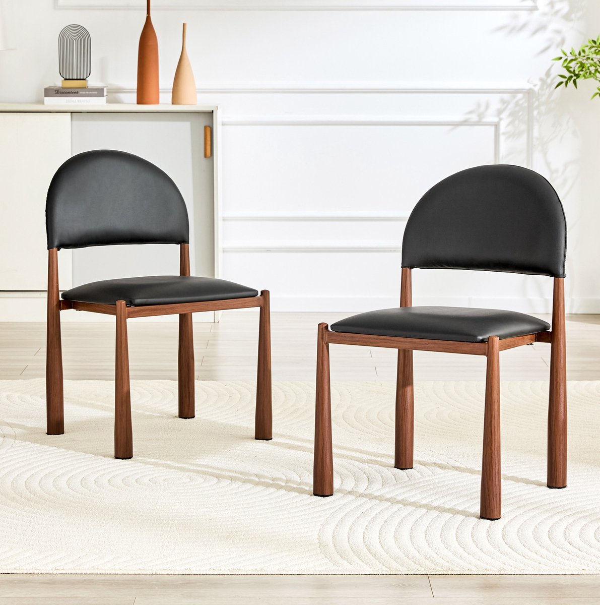 Wishdor - Eetkamerstoel set van 2 - half ronde rugleuning - gestoffeerd en ergonomisch - modern voor eetkamer en keuken - kunstleer zwart - 48 x 45 x 80 cm