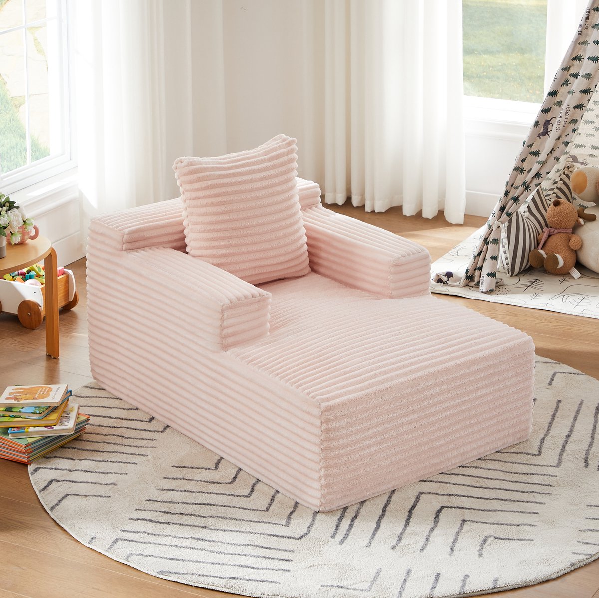 MIVRAY Chaise Longue 81 x 117 x 50 cm - Comfortabele 1-Zits Relaxstoel En Slaapsofa Zonder Montage - Voor Woonkamer Of Kantoor - Ribstof Roze