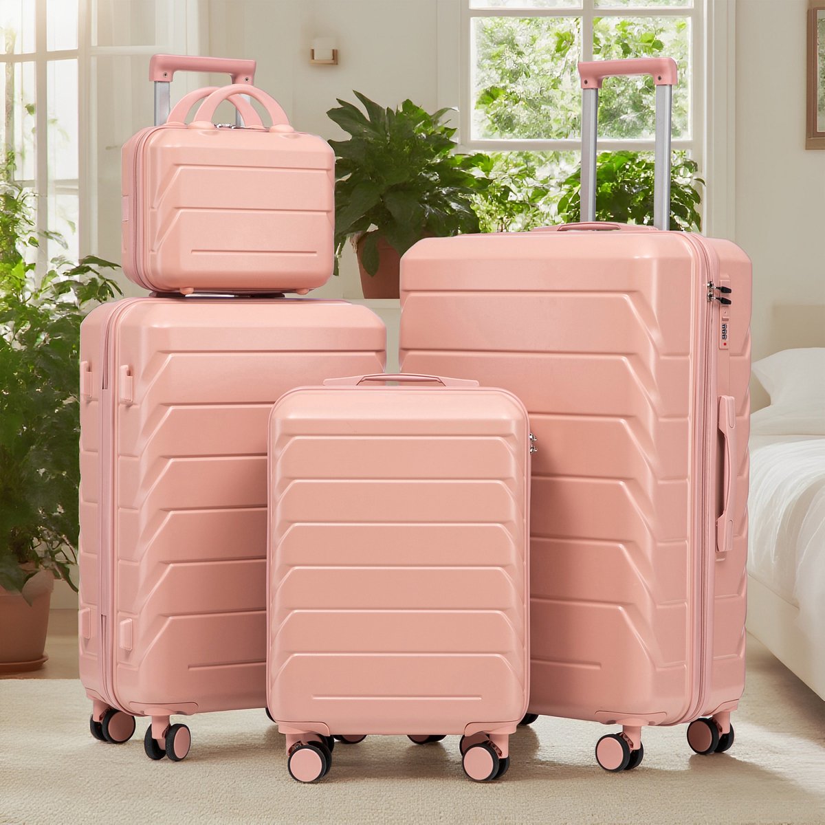 VVBV Kofferset 4 Delig 14/19/24/28 inch - ABS Hardcase, Beautycase, Zijhaken, Spinner Wielen, Cijferslot, Reisset, Roze