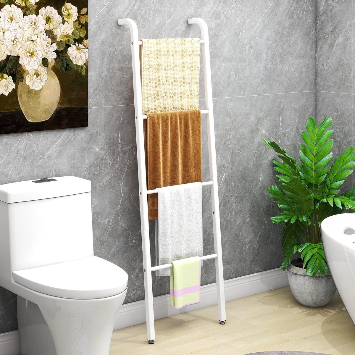 Handdoekhouder - Ladder Plank - Stijlvolle Opslag - Vrijstaand Ontwerp - 50 x 168 cm - Wit