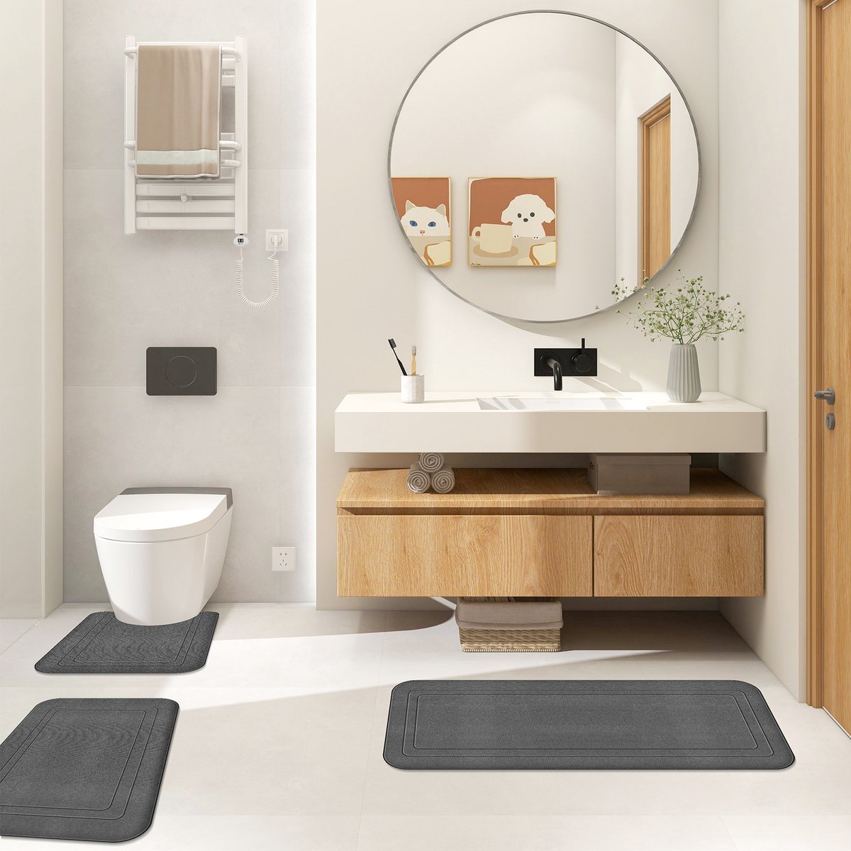 Lemonmax Badmat Set 3-delig - Badkamermat, Douchemat en WC Mat U-vorm - Memory Foam, Absorberend, Antislip en Wasbaar - Grijs