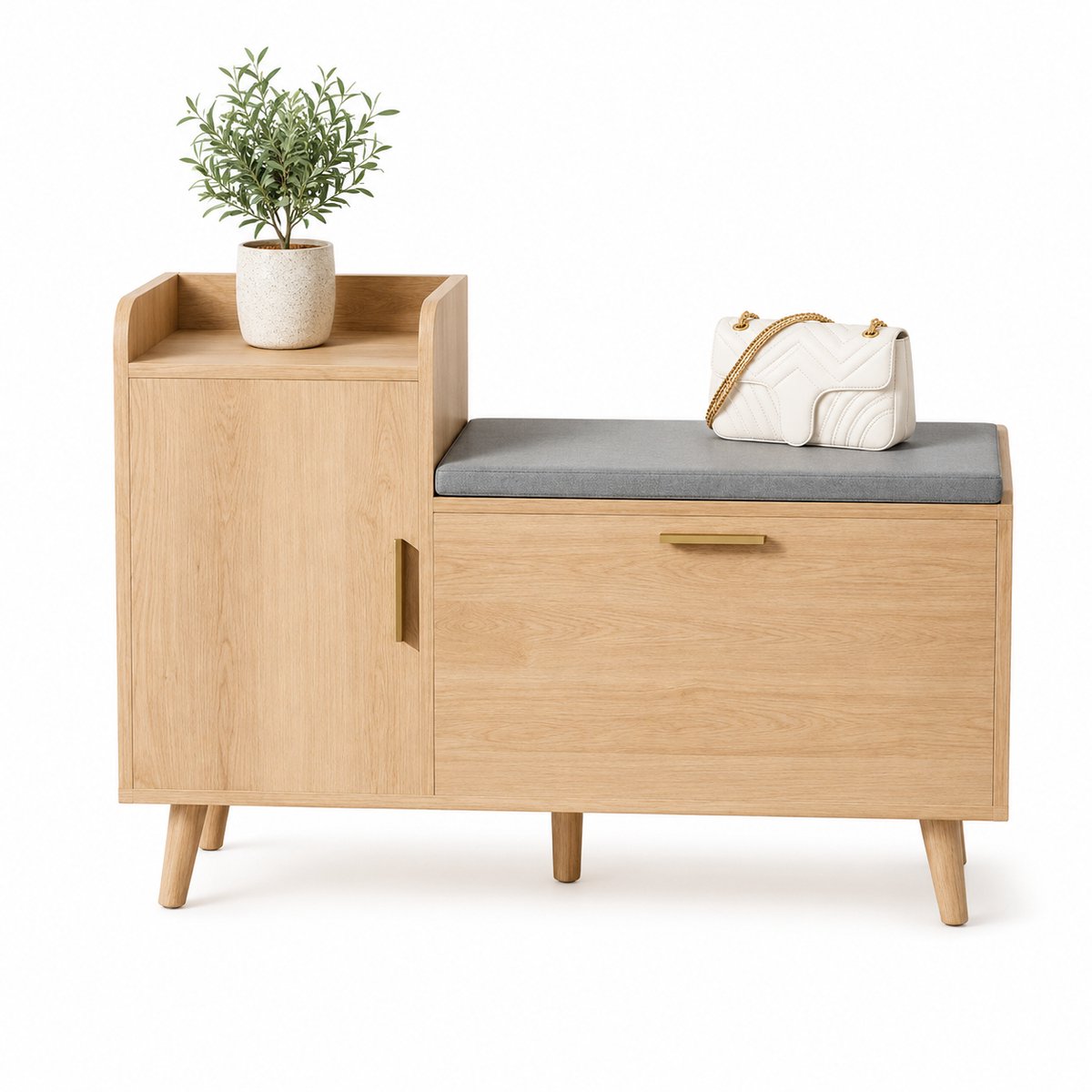 Home & Beyond® Schoenenbank met Zitkussen en Uitklapbaar Schoenenvak - Opbergbank voor de Hal - Grijze Houtlook - 100 x 30 x 69,5 cm
