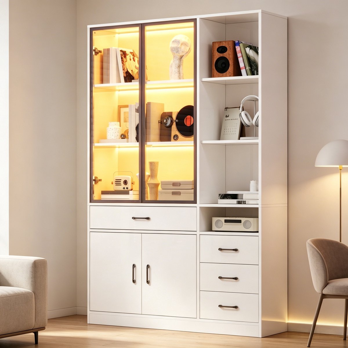 Wishdor - Boekenkast - Hoge kast met glasvitrine en LED-verlichting - 4 lades en 13 vakken - modern voor woonkamer of werkkamer - houtlook en glas - wit - 120 x 35 x 200 cm