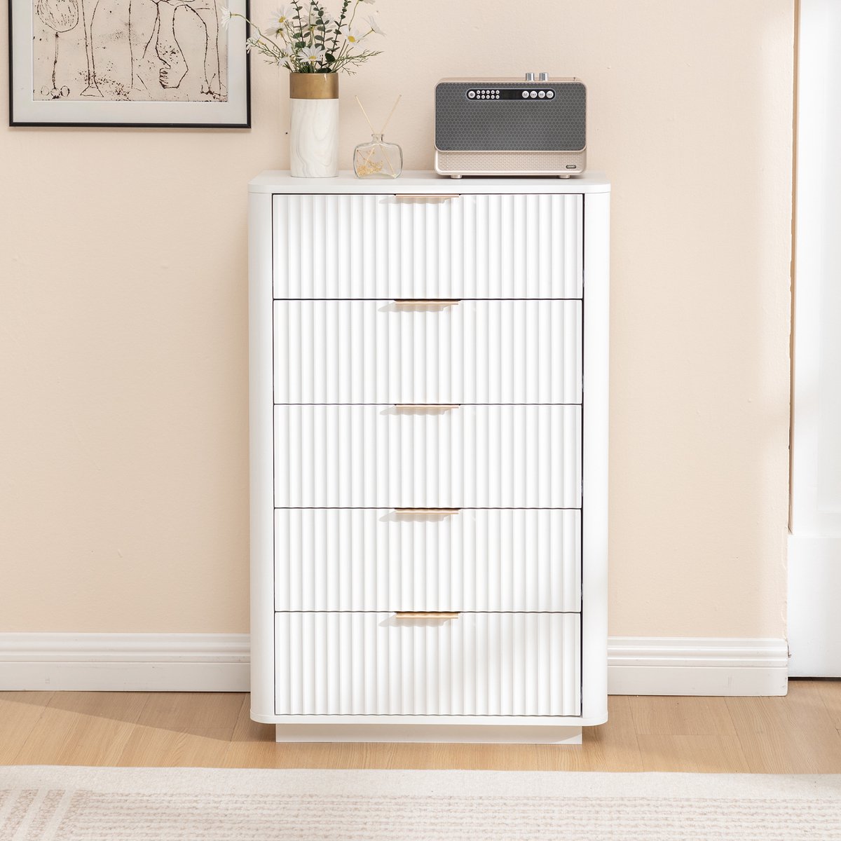 Wishdor - Dressoir - 5 laden met soft-close - modern gestreept design - voor slaapkamer of hal - houtlook met metalen grepen - wit - 70 x 40 x 108 cm