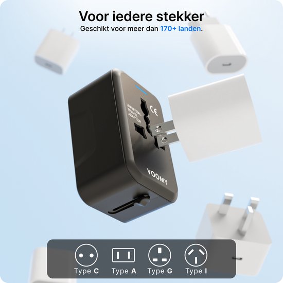 Voomy Universele Reisstekker - Wereldstekker voor 170+ landen - 1 USB C poort, 1 USB A Poort & 1 Stekker Ingang - Travel Adapter: Amerika (USA), Engeland (UK), Australië, Zuid Amerika, Afrika, Italië, Thailand - Zwart