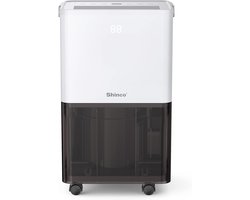 SHINCO stille luchtontvochtiger (10 l/dag) voor ruimtes tot 15 m²; voorzien van functies voor ontvochtiging, luchtreiniging en wasdroging, inclusief 24-uurstimer, transparant waterreservoir en eenvoudige bediening.