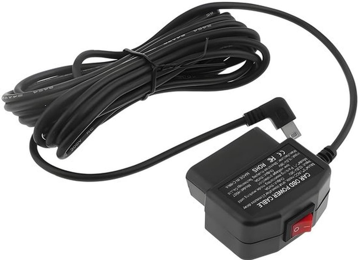 Mini USB-voedingsadapter oplaadkabel, OBD-voedingskabel voor dashcam, parkeermonitor voedingskabel met schakelknop, 24 uur bewaking voor auto-dashcamera, GPS DVR, 12V-24V universeel