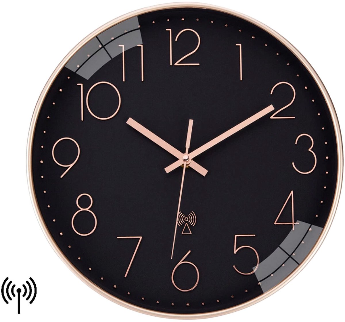 Moderne wandklok – Stijlvolle wandklok – Gemakkelijk af te lezen – Stille wandklok van 30 cm – Radiogestuurde wandklok – Quartz uurwerk – Duitse radiofrequentie – 30 cm – Zwart met roségouden afwerking